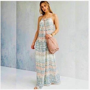 Exote Viscose Pink Green Maxi Dress Size Small